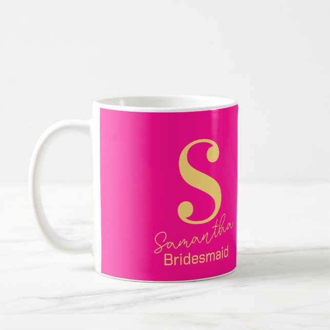Caneca De Café Moderno Monograma Bridesmaid Rosa Quente (Esquerda)