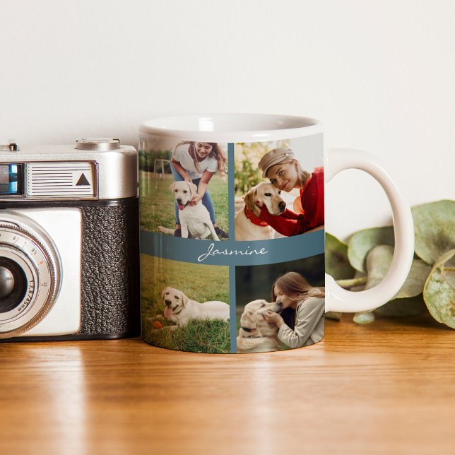 Caneca De Café Moderno Personalizado 10 Fotos Cachorro Azul (Celebrate your furbaby with this photo collage mug.)