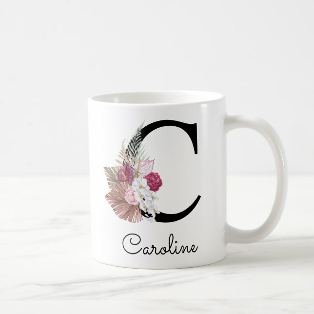 Caneca De Café Moderno Rosa Boho Girly Floral Inicial C (Direita)