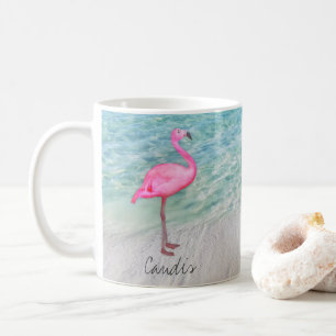 Caneca De Café Moderno Tropical Sandy Beach, Flamingo, Rosa Perso