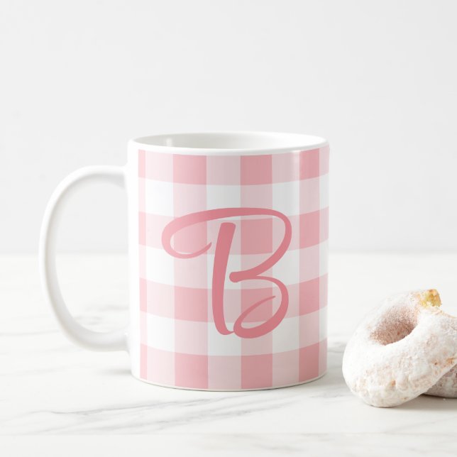 Caneca De Café Mog Monograma Girly Custom | Xadrez rosa (Com Donut)