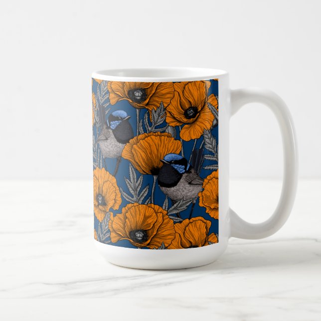 Caneca De Café Moinhos de fada e flores de papoila laranja (Direita)