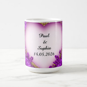 Caneca De Café Moldura de Coração Roxo com Brilho e Flores