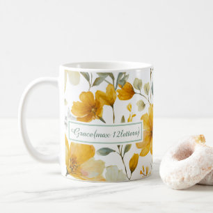 Caneca De Café Moldura de Nome Botânico Floral Aquarela Amarela 