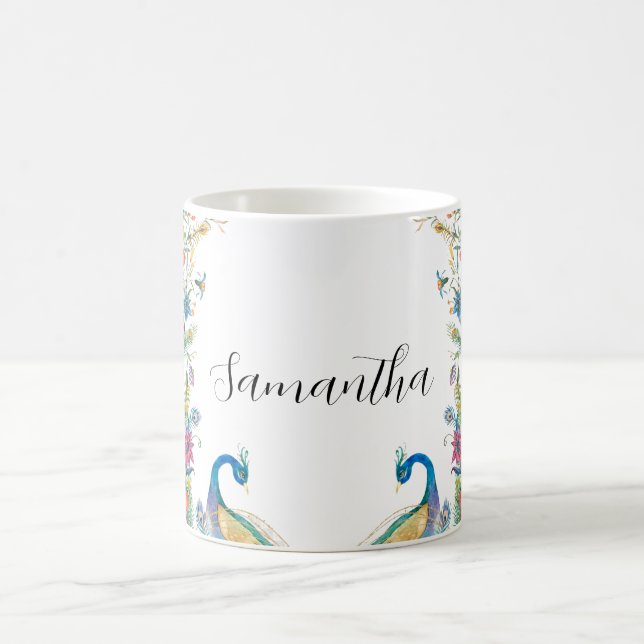Caneca De Café Moldura de peacocks com flores a aquarela (Centro)
