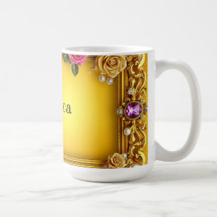 Caneca De Café Moldura Dourada Com Rosas e Pérolas Elegantes