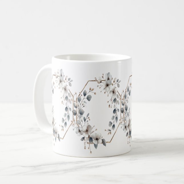 Caneca De Café Moldura Dourada Flores Brancas Aquarela Teal Prata (Frente Esquerda)