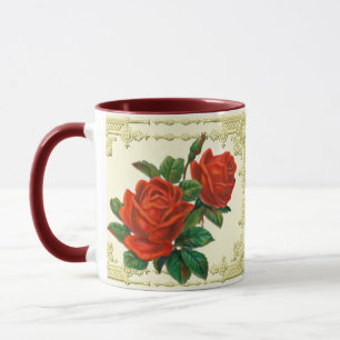 Caneca de Café Moldura Dourada Rosas Vermelhas Vit