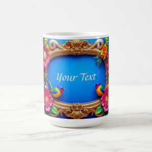 Caneca De Café Moldura Floral Brilhante Com Pássaros Coloridos