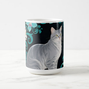 Caneca De Café Moldura Floral Ornamentada de Gato Cinza