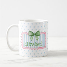 Caneca De Café Moldura Rosa e Azul com Laço Xadrez Verde