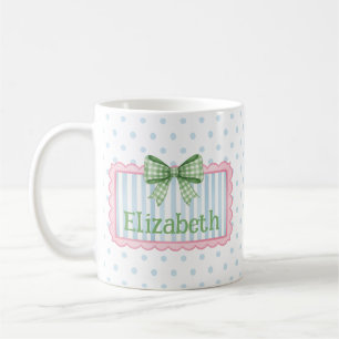 Caneca De Café Moldura Rosa e Azul com Laço Xadrez Verde