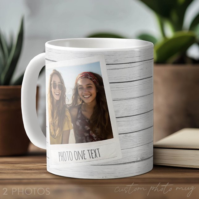 Caneca De Café Molduras de Fotos Rústicas 2 - Impressão em Madeir (Custom Photo Mug with 2 Photos)