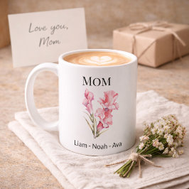 Caneca De Café Mom August Birth Flower with Kids Names