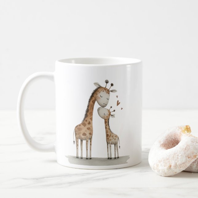 Caneca De Café Mom & Baby Giraffe Cute Illustration (Com Donut)
