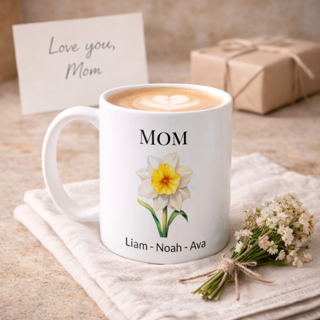 Caneca De Café Mom December Birth Flower with Kids Names (Criador carregado)