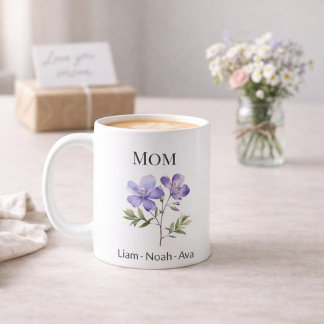 Caneca De Café Mom February Birth Flower with Kids Names