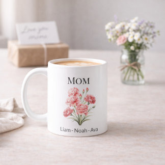 Caneca De Café Mom January Birth Flower with Kids Names