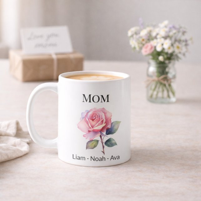 Caneca De Café Mom June Birth Flower with Kids Names (Criador carregado)