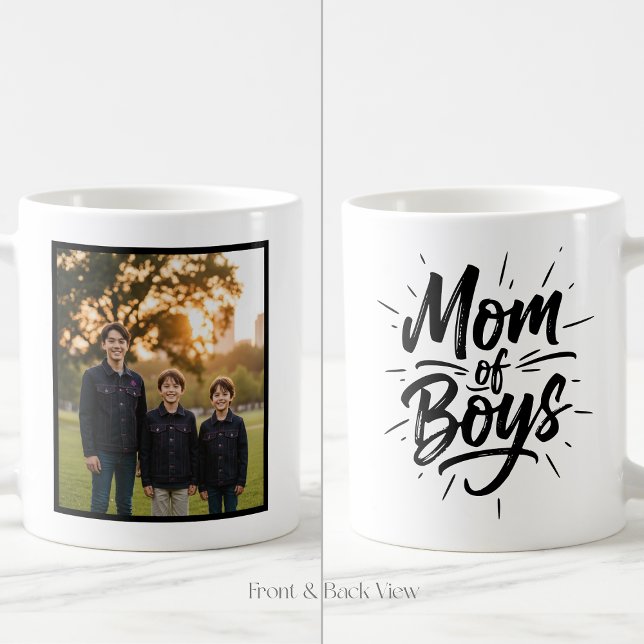 Caneca De Café Mom of Boys Brush Script Custom 1 Photo (Criador carregado)