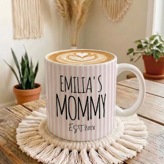 Caneca De Café Mommy | Pink Stripes Mother’s Day Personalized