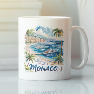 Caneca De Café Monaco em aquarela retrô da Riviera Francesa Vinta
