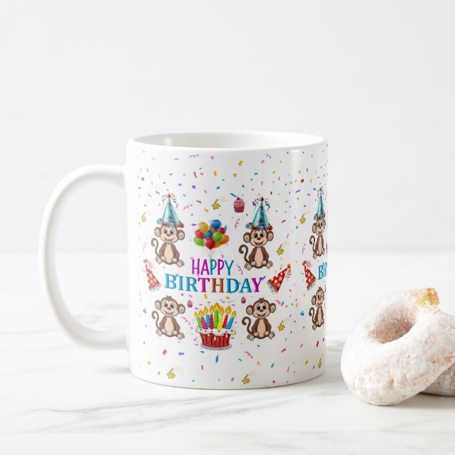 Caneca De Café Monkey Cupcake Happy Birthday Mug  (Com Donut)
