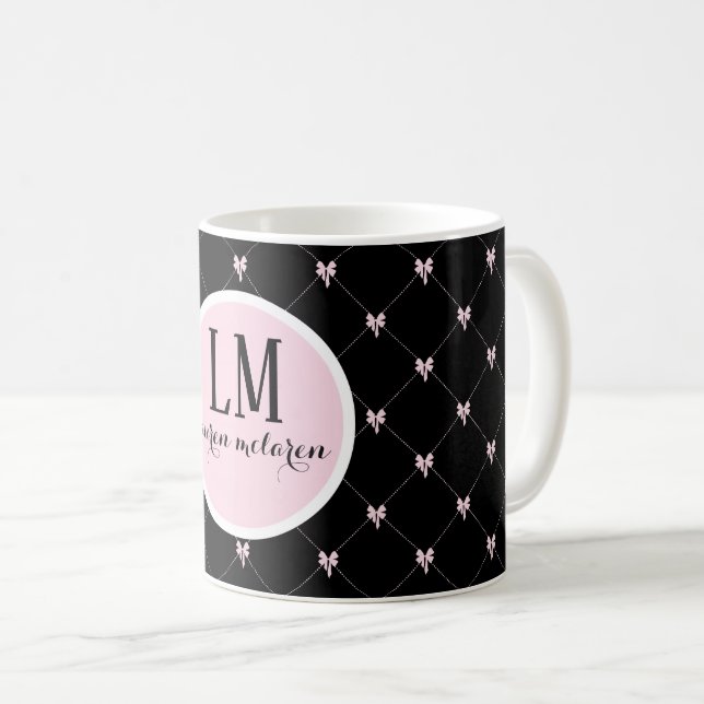 Caneca De Café Monogram Black & Pink Bow Script (Frente Esquerda)