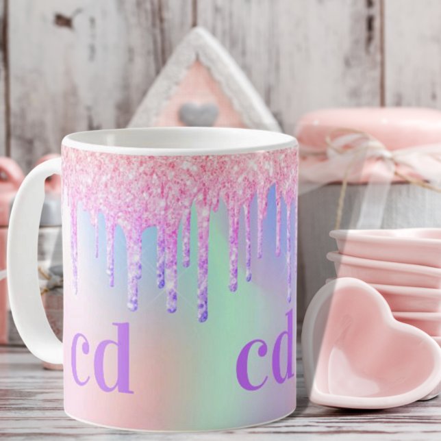 Caneca De Café Monogram holographic unicorn glitter drip rainbow (Criador carregado)