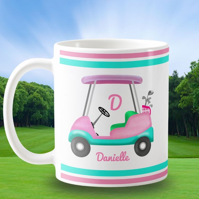 Caneca De Café Monogram Pink Leather Elegant Golf Cart Name (Criador carregado)