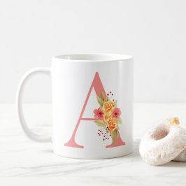 Caneca De Café Monograma A de Flor Laranja e Rosa Elegante