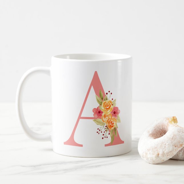 Caneca De Café Monograma A de Flor Laranja e Rosa Elegante (Com Donut)