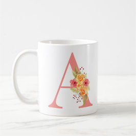 Caneca De Café Monograma A de Flor Laranja e Rosa Elegante