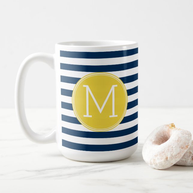 Caneca De Café Monograma Amarelo marinho e Padrões com Stripe Bra (Com Donut)