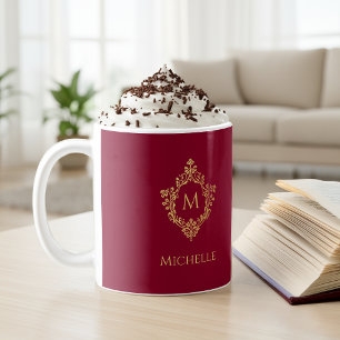 Caneca De Café Monograma Antigo Brasão Relevo Dourado Nome Burgun