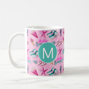 Caneca De Café Monograma Aquarela de Verão Rosa Menina da Praia