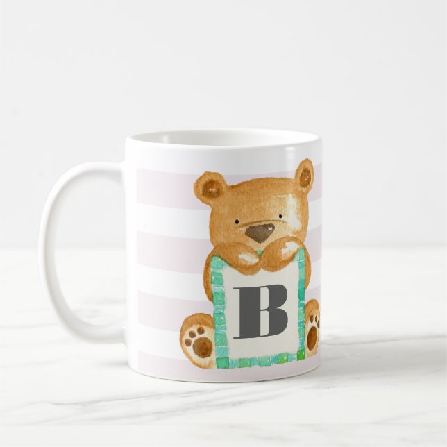 Caneca De Café Monograma Aquarela Urso de Teddy Personalizado (Esquerda)