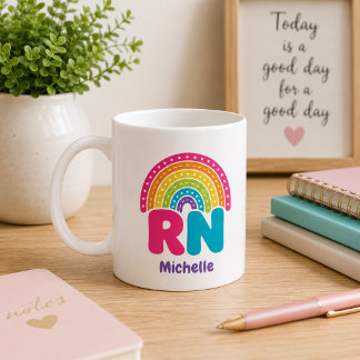 Caneca De Café Monograma Arco-Íris Boho RN