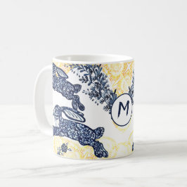 Caneca De Café Monograma asiático Azul Dourado Coelho Chinoiserie