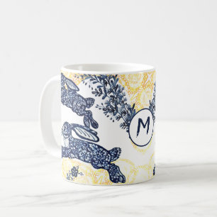 Caneca De Café Monograma asiático Azul Dourado Coelho Chinoiserie