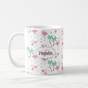 Caneca De Café Monograma atômico do estilo dos flamingos e das