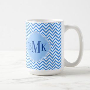 Caneca De Café Monograma azul do teste padrão de ziguezague de