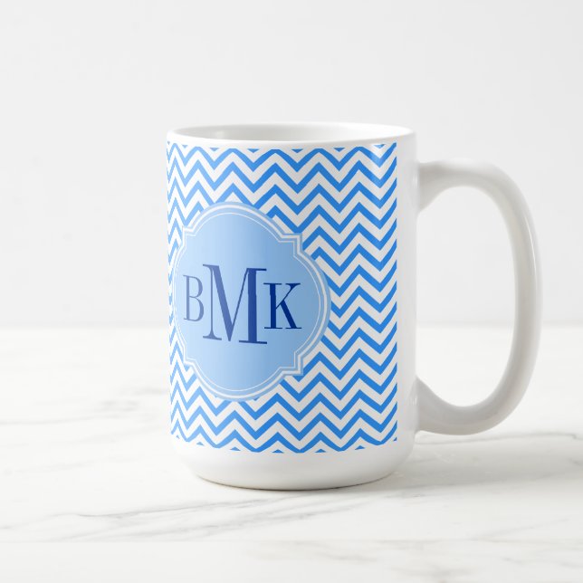 Caneca De Café Monograma azul do teste padrão de ziguezague de (Direita)