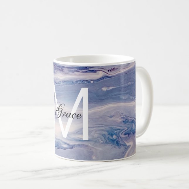 Caneca De Café Monograma Azul E Branco (Frente Esquerda)