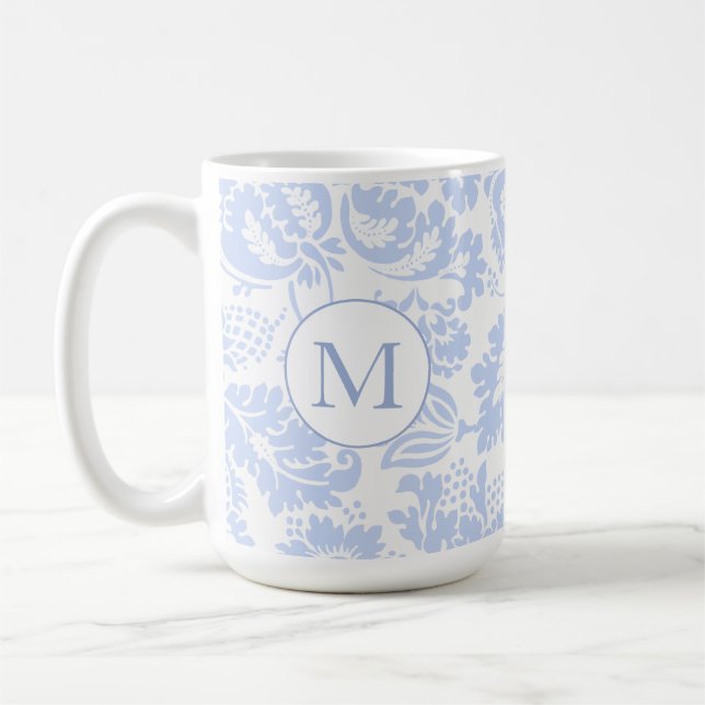 Caneca De Café Monograma Azul Floral Elegante Botânica (Esquerda)