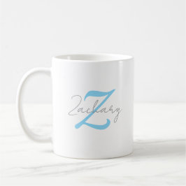 Caneca De Café Monograma Azul Moderno e Nome Personalizado em Let