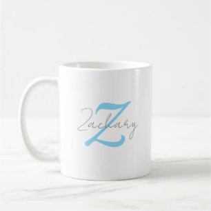 Caneca De Café Monograma Azul Moderno e Nome Personalizado em Let