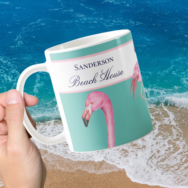 Caneca De Café Monograma Beach Teal Flamingos marinho azul (Criador carregado)
