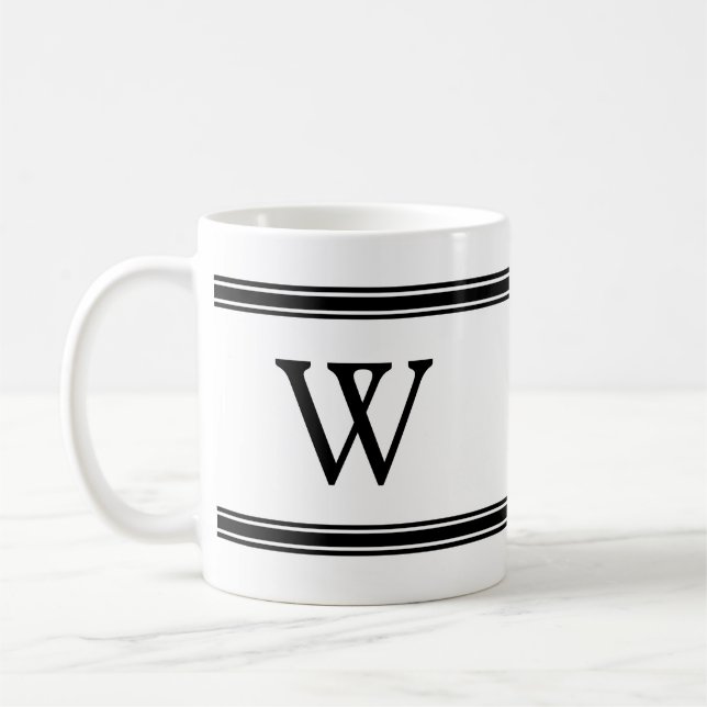 Caneca De Café Monograma, Black e White Striped Personalizada (Esquerda)