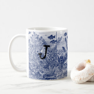 Caneca De Café Monograma Blue Sealife Ocean Coastal Beachy Única